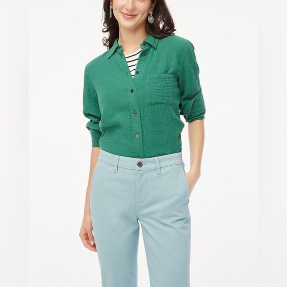 J. Crew Gauze Button Down Long Sleeve Shirt Green(Trellis Vine) Small NWT in pkg - Picture 1 of 6
